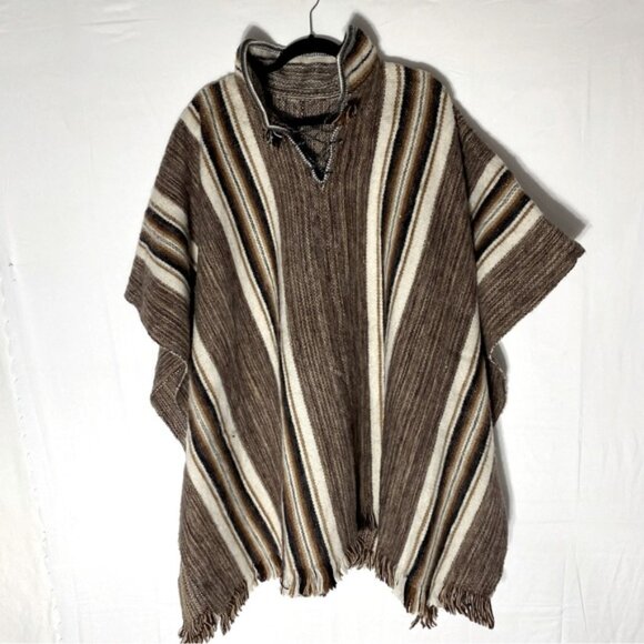 Unisex Brown Tan Striped Woven Alpaca Wool Poncho - Picture 1 of 11